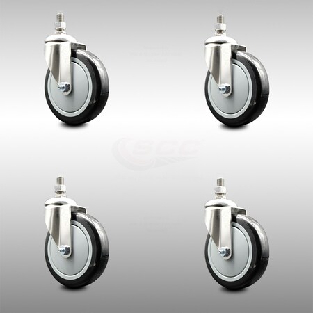Service Caster 5 Inch 316SS Black Polyurethane Wheel Swivel 10mm Threaded Stem Caster Set SCC-SS316TS20S514-PPUB-BLK-M1015-4